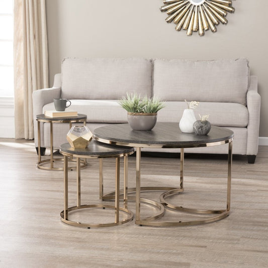32" Champagne And Charcoal Manufactured Wood And Metal With Iron Round Coffee Table HomeRoots