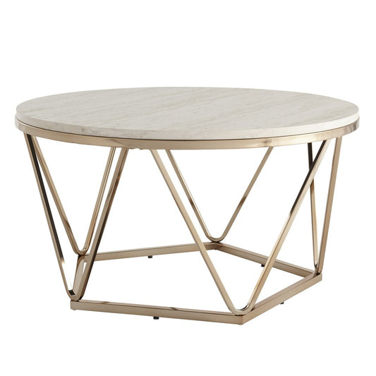 33" Champagne Solid Manufactured Wood And Metal Round Coffee Table HomeRoots