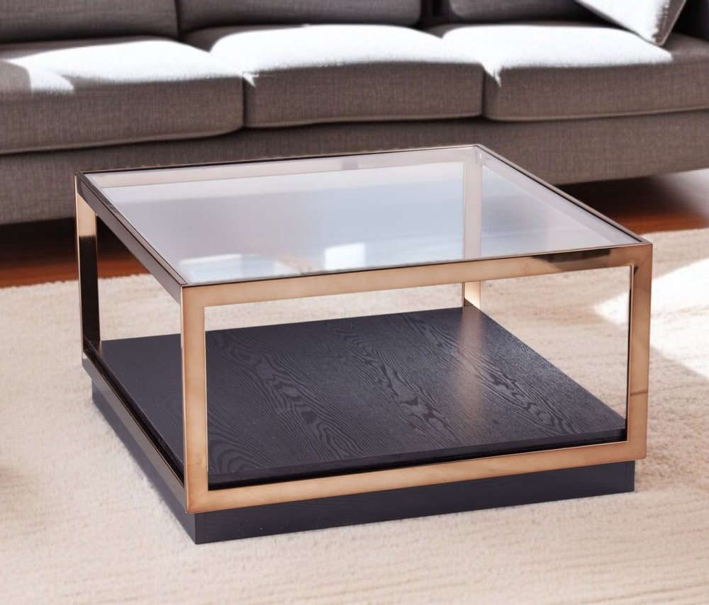 33" Champagne Glass And Solid Manufactured Wood Square Coffee Table HomeRoots