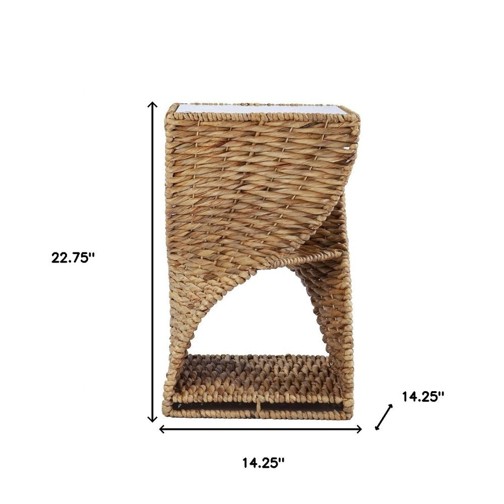 23" Brown And Natural Rattan Swirl Glass Top Square End Table HomeRoots