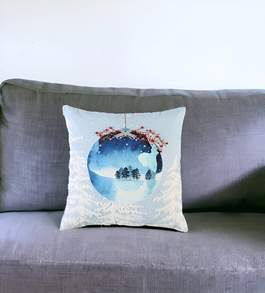 20" Blue Christmas Ornaments Cotton Throw Pillow FurniFindUSA