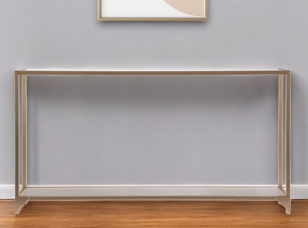 56" Clear and Gold Glass Mirrored Frame Console Table With Shelves HomeRoots