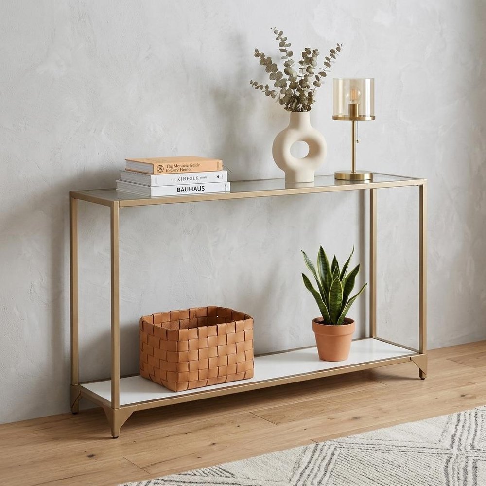 56" Clear and Gold Glass Mirrored Frame Console Table With Shelves HomeRoots