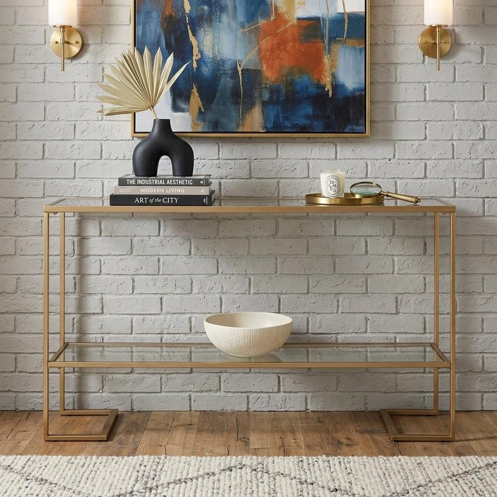 52" Clear and Gold Mirrored Glass and Metal Sled Console Table With Shelf HomeRoots