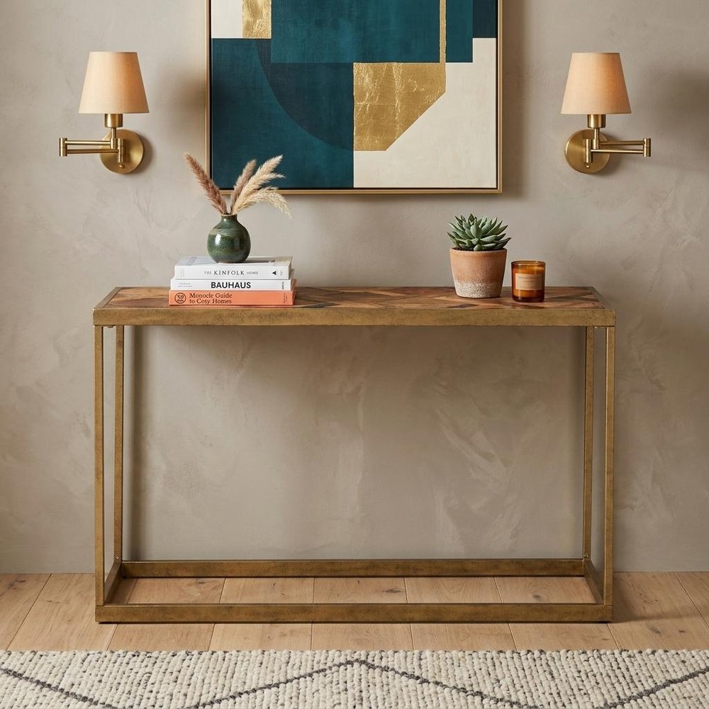 48" Natural and Brass Solid Wood and Iron Frame Console Table HomeRoots