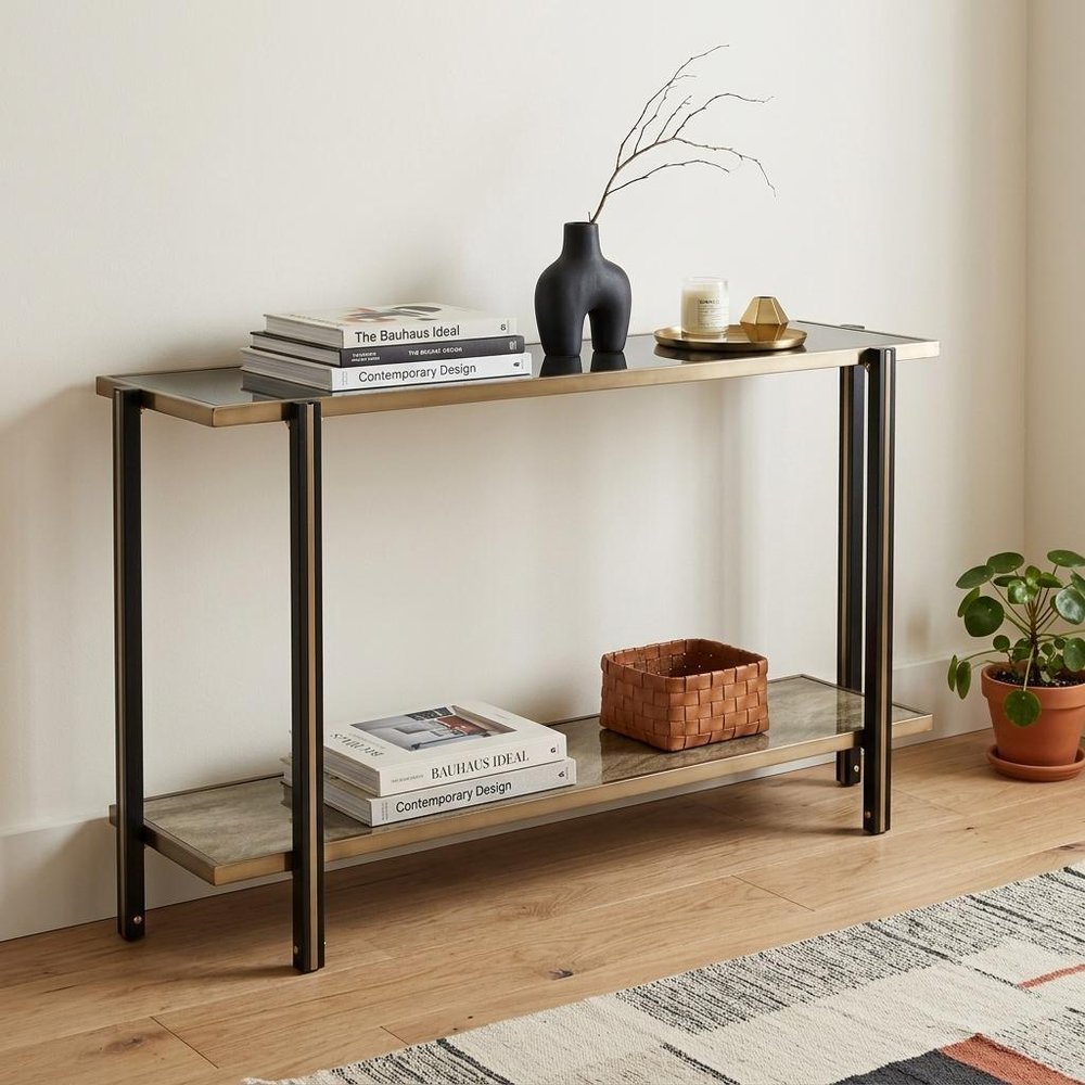50" Smoky Black and Champagne Mirrored Glass Console Table With Shelf HomeRoots
