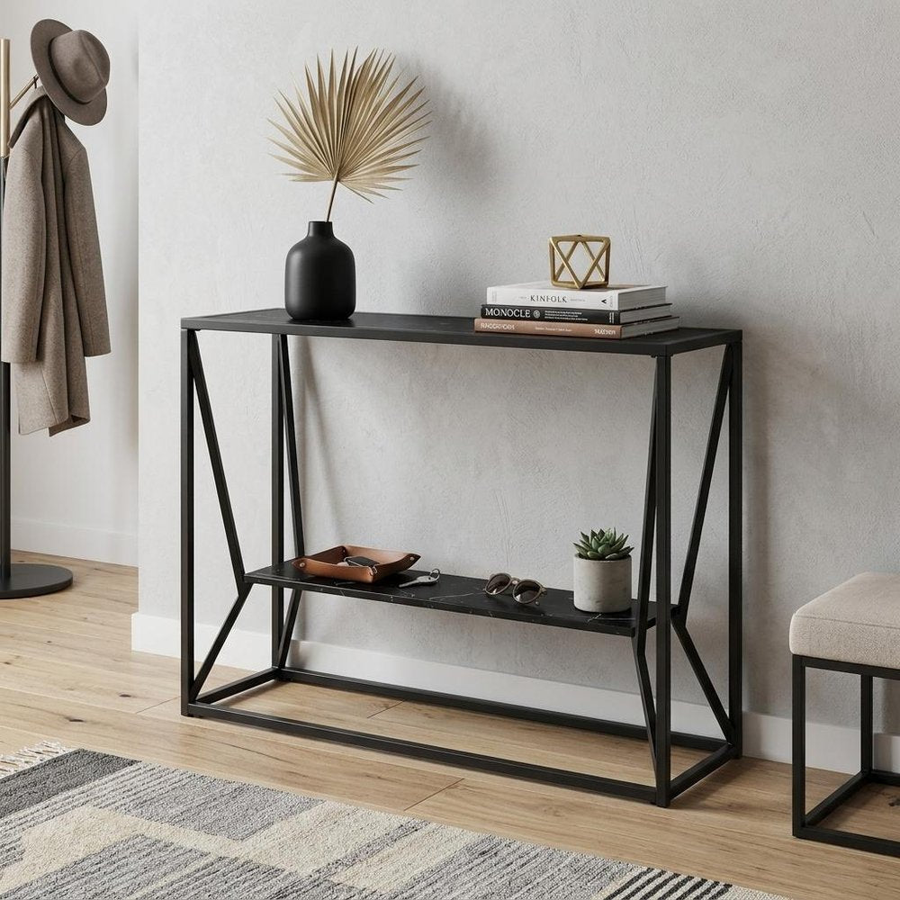 42" Black Glass and Metal A Frame Console Table With Shelf HomeRoots