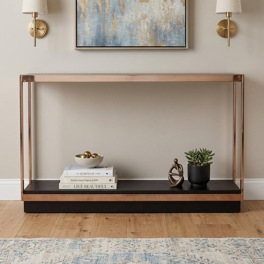 48" Clear Black and Champagne Glass Floor Shelf Console Table With Shelf HomeRoots