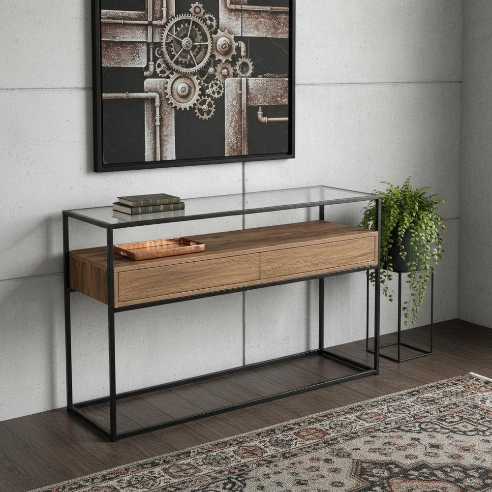 48" Clear and Black Glass Frame Console Table With Storage With Storage HomeRoots
