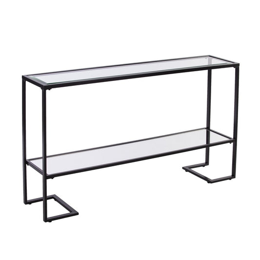 52" Clear and Black Glass Mirrored Sled Console Table With Shelves HomeRoots