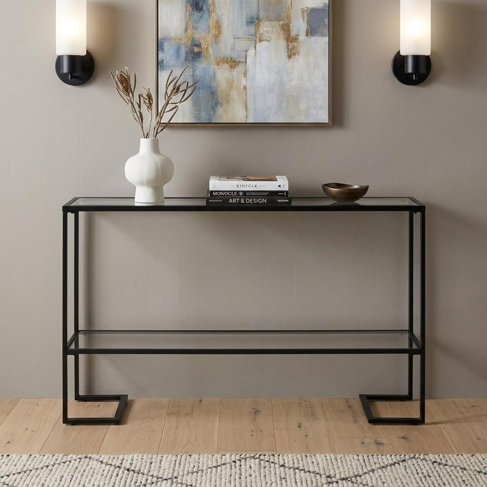 52" Clear and Black Glass Mirrored Sled Console Table With Shelves HomeRoots