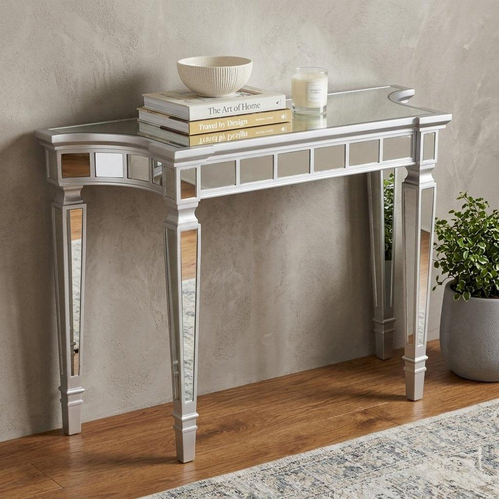 45" Silver Mirrored Glass and Wood Free Form Console Table HomeRoots