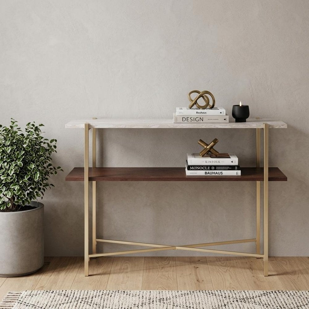 47" White Brass and Brown Faux Marble Console Table With Shelf HomeRoots