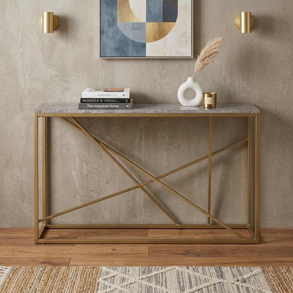 52" Gray and Gold Faux Marble and Metal A Frame Console Table HomeRoots