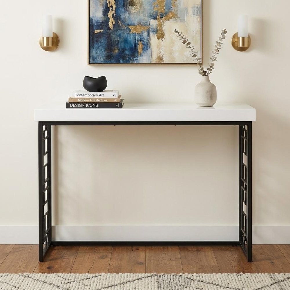 42" White and Black Glass and Metal Sled Console Table HomeRoots