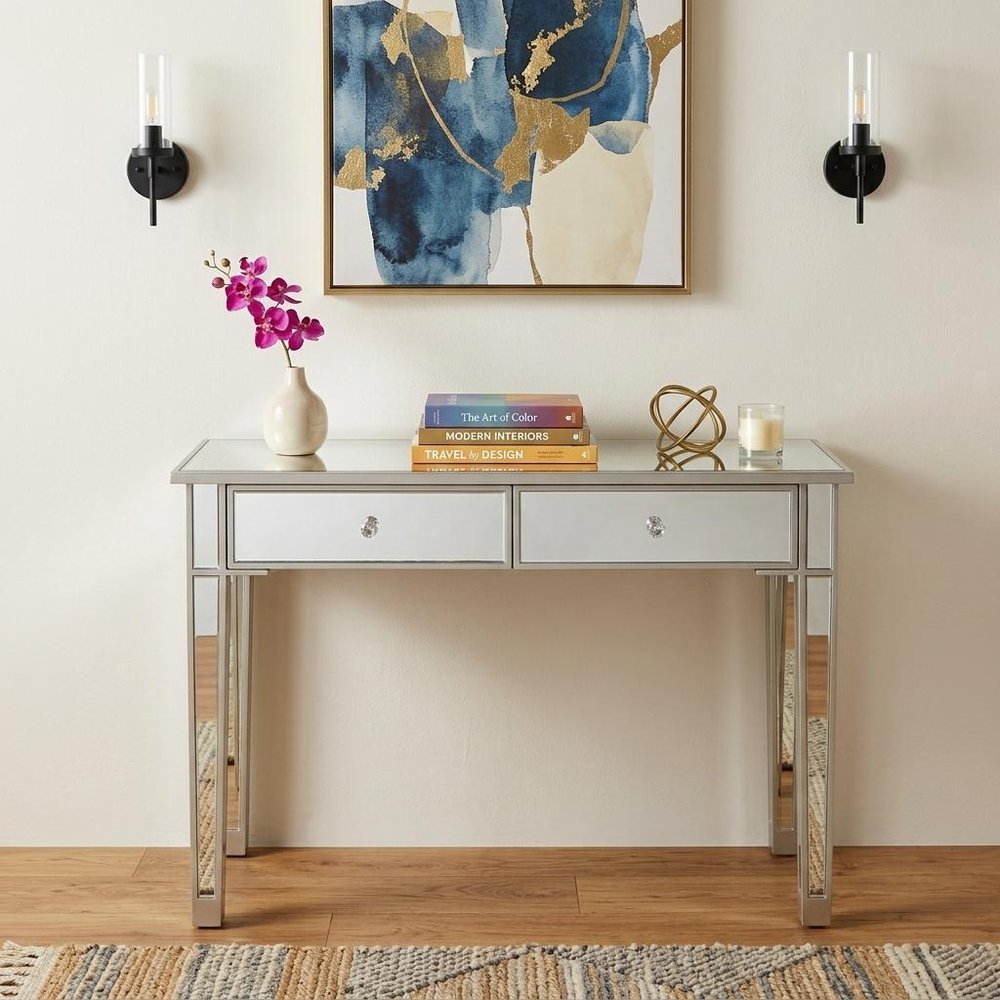 40" Silver Mirrored Glass and Wood Console Table With Two Drawers HomeRoots