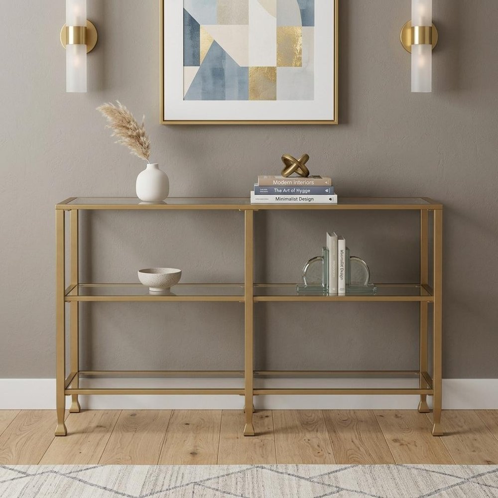 49" Clear and Gold Glass Floor Shelf Console Table With Storage HomeRoots