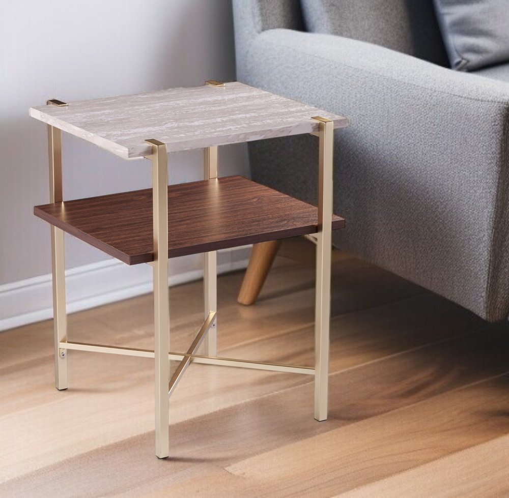 24" Brass Manufactured Wood And Iron Square End Table With Shelf HomeRoots