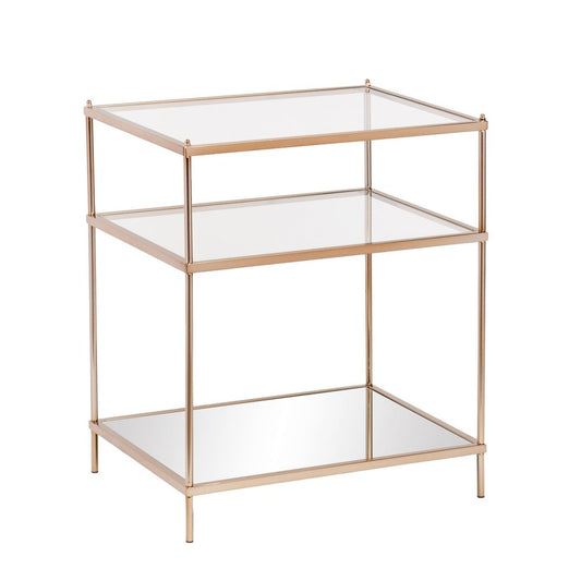 27" Gold And Clear Glass And Iron End Table With Mirrored Shelf HomeRoots
