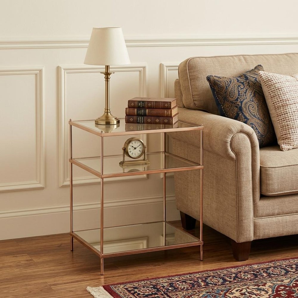 27" Gold And Clear Glass And Iron End Table With Mirrored Shelf HomeRoots