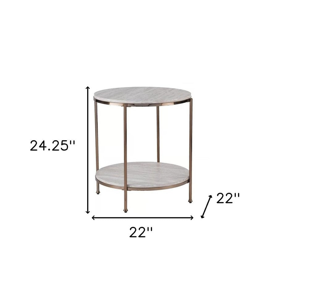 24" Champagne Faux Marble And Iron Round End Table With Shelf HomeRoots