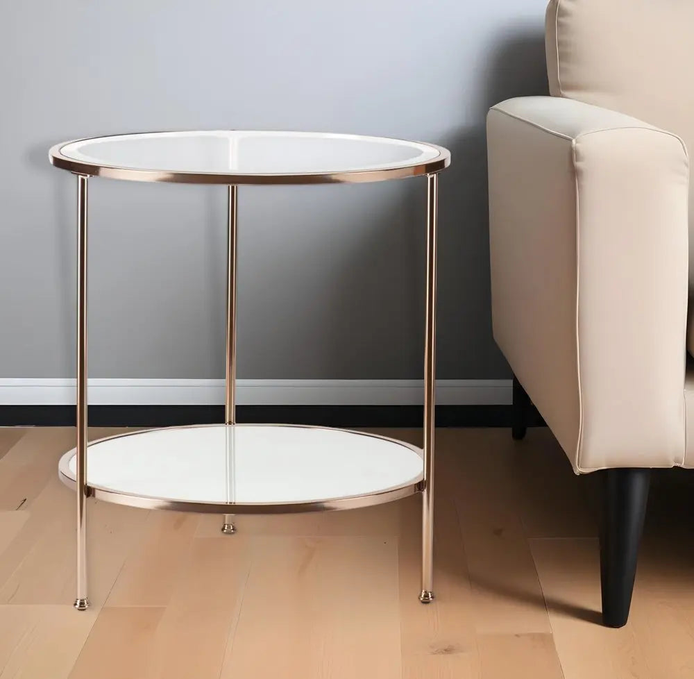 26" Gold Glass And Iron Round End Table With Shelf HomeRoots