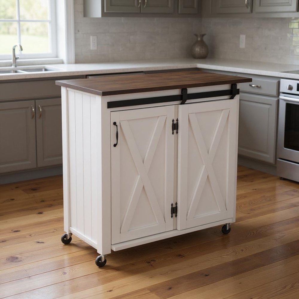 35" Dark Brown and White Wood Rolling Kitchen Cart HomeRoots