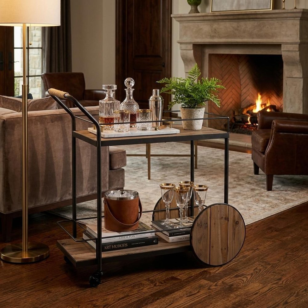 Natural and Black Iron And Reclaimed Wood Rolling Bar Cart With Wine Storage HomeRoots