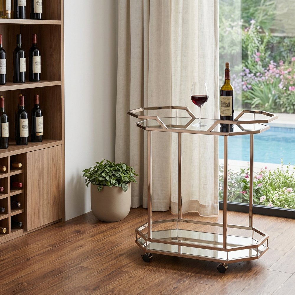 31" Champagne Iron and Mirrored Glass Octagonal Rolling Bar Cart HomeRoots