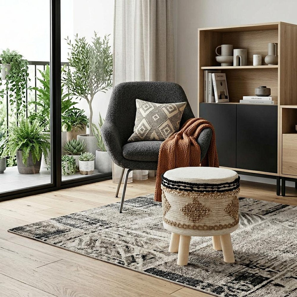 18" Beige and Brown Cotton Abstract Round Footstool HomeRoots