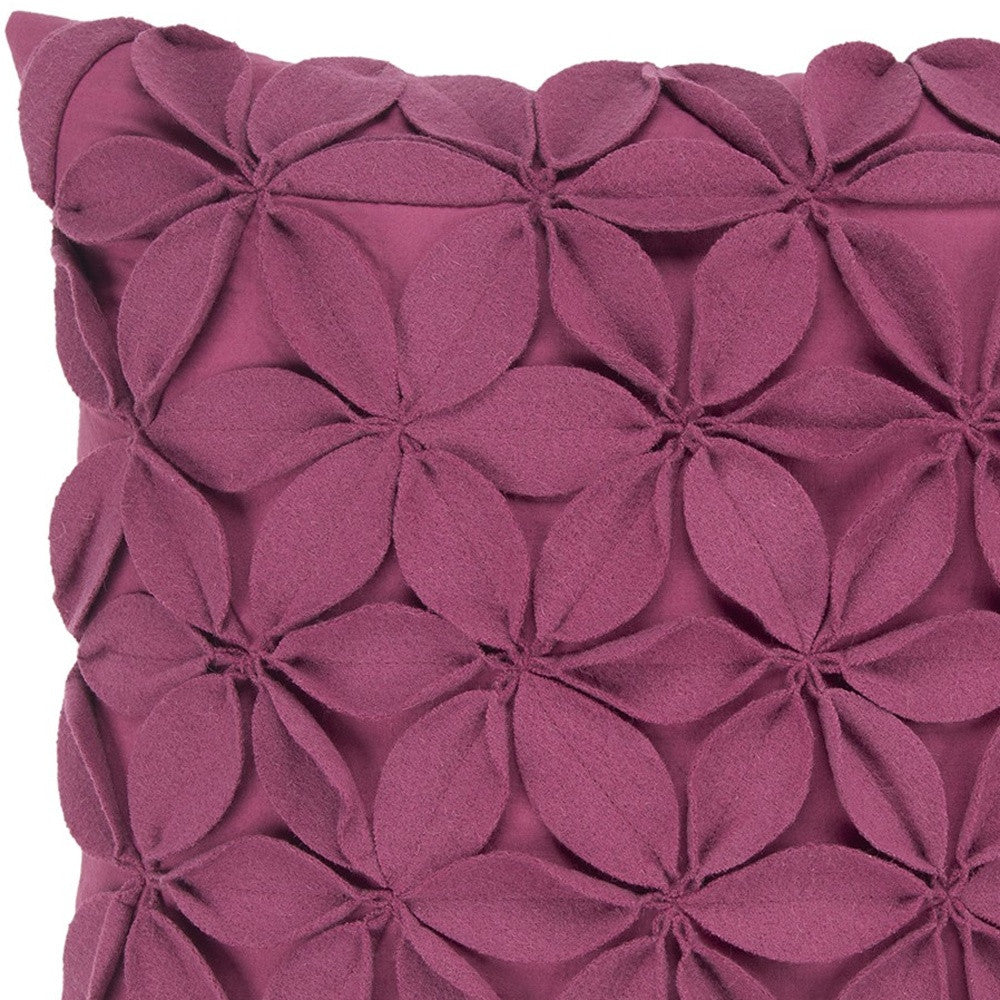 18" Magenta Floral Wool Blend Throw Pillow With Applique FurniFindUSA