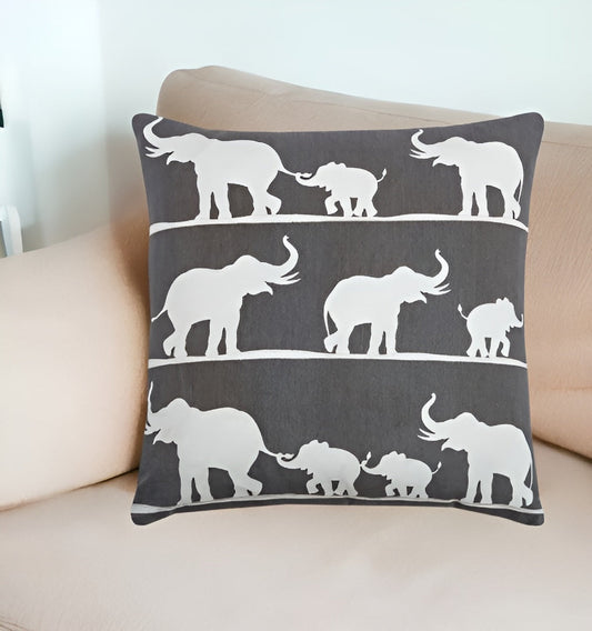 20" Gray and White Elephant Cotton Throw Pillow FurniFindUSA