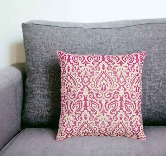 22" Pink and White Damask Cotton Throw Pillow FurniFindUSA