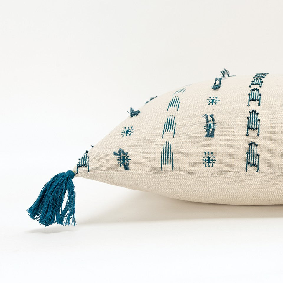 Teal Beige Tribal Inspired Tasseled Lumbar Pillow FurniFindUSA