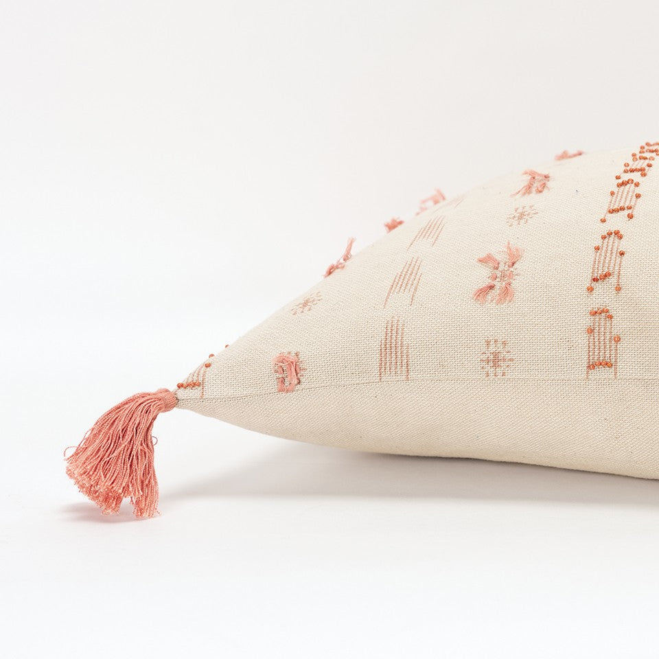 Blush Beige Tribal Inspired Tasseled Lumbar Pillow FurniFindUSA