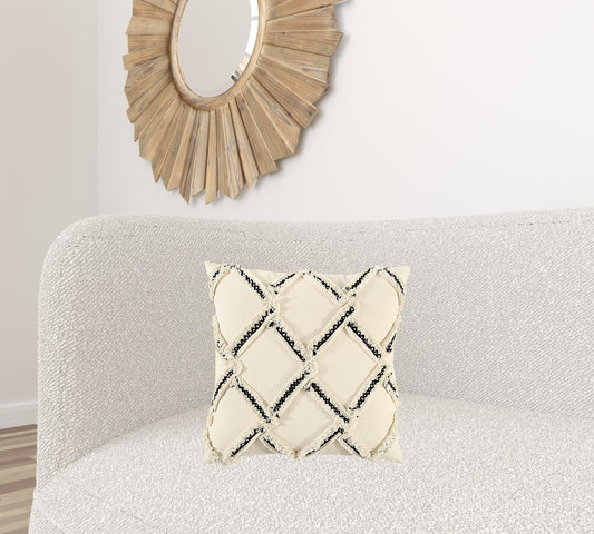18" Cream and Black Textured Lattice Throw Pillow FurniFindUSA