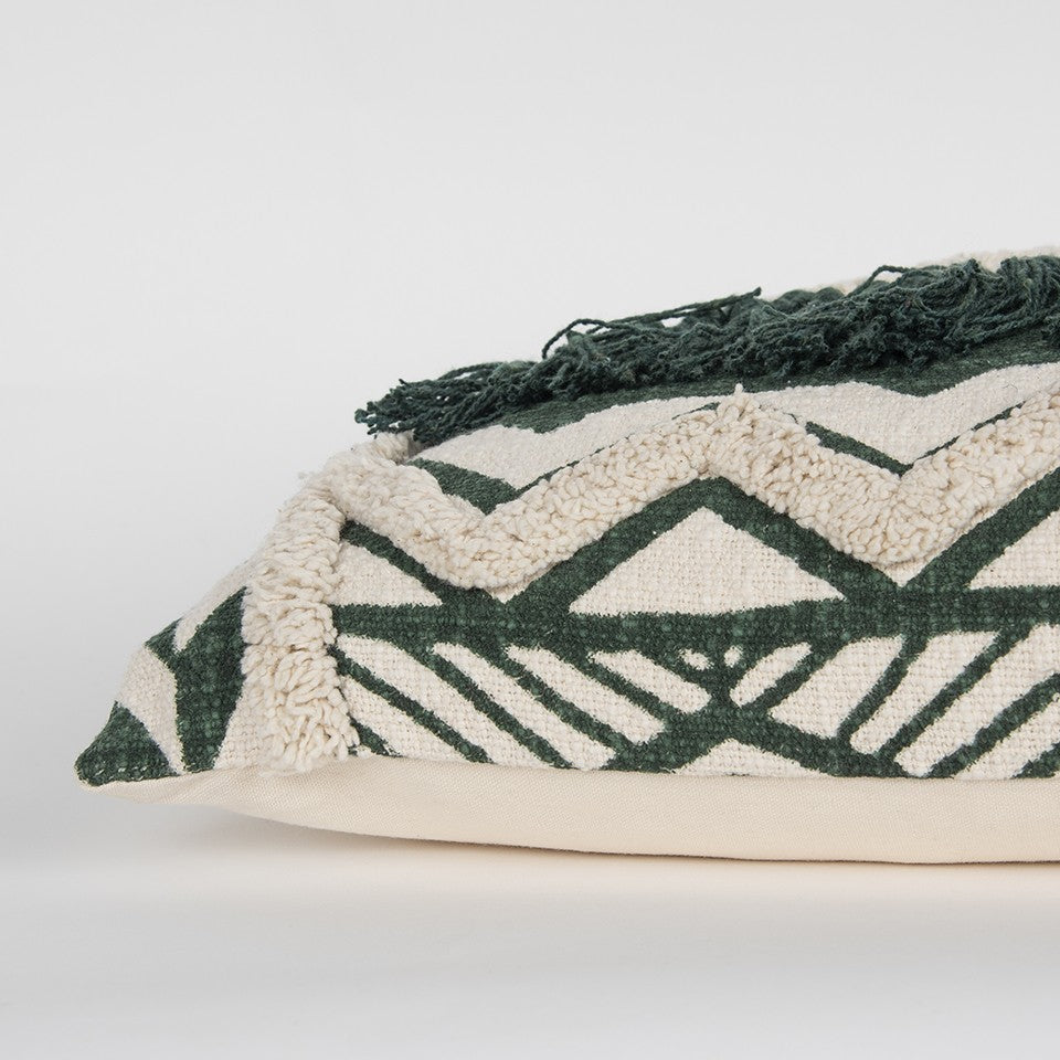 Ivory Green Geometric Boho Chic Lumbar Pillow FurniFindUSA