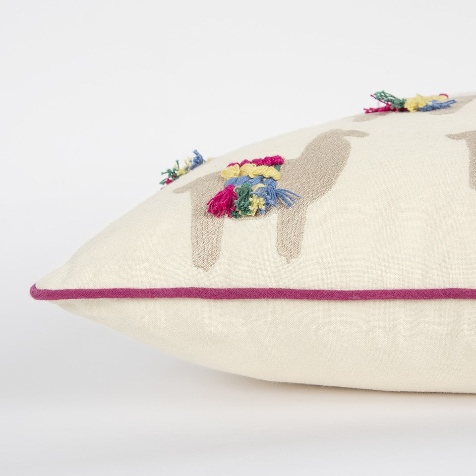 Ivory Fiesta Fun Embroidered Llamas Throw Pillow FurniFindUSA