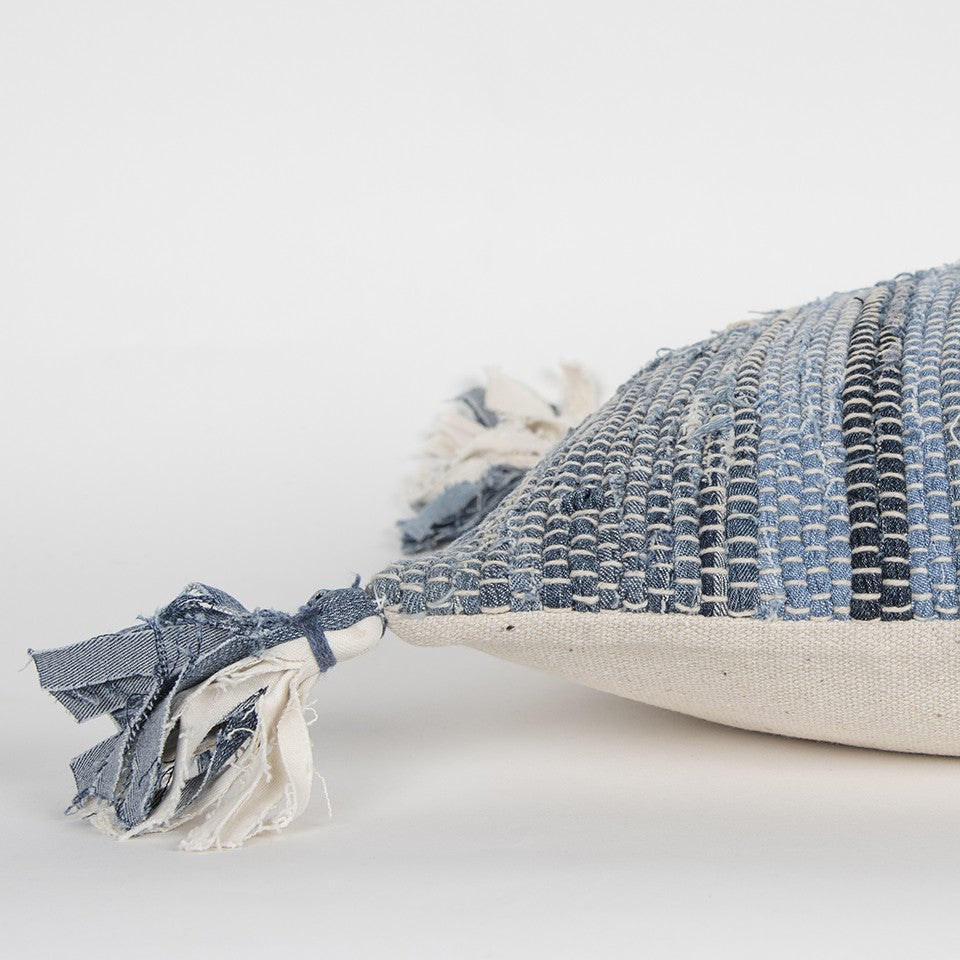 Denim Blue Repurposed Woven Strips Lumbar Pillow FurniFindUSA
