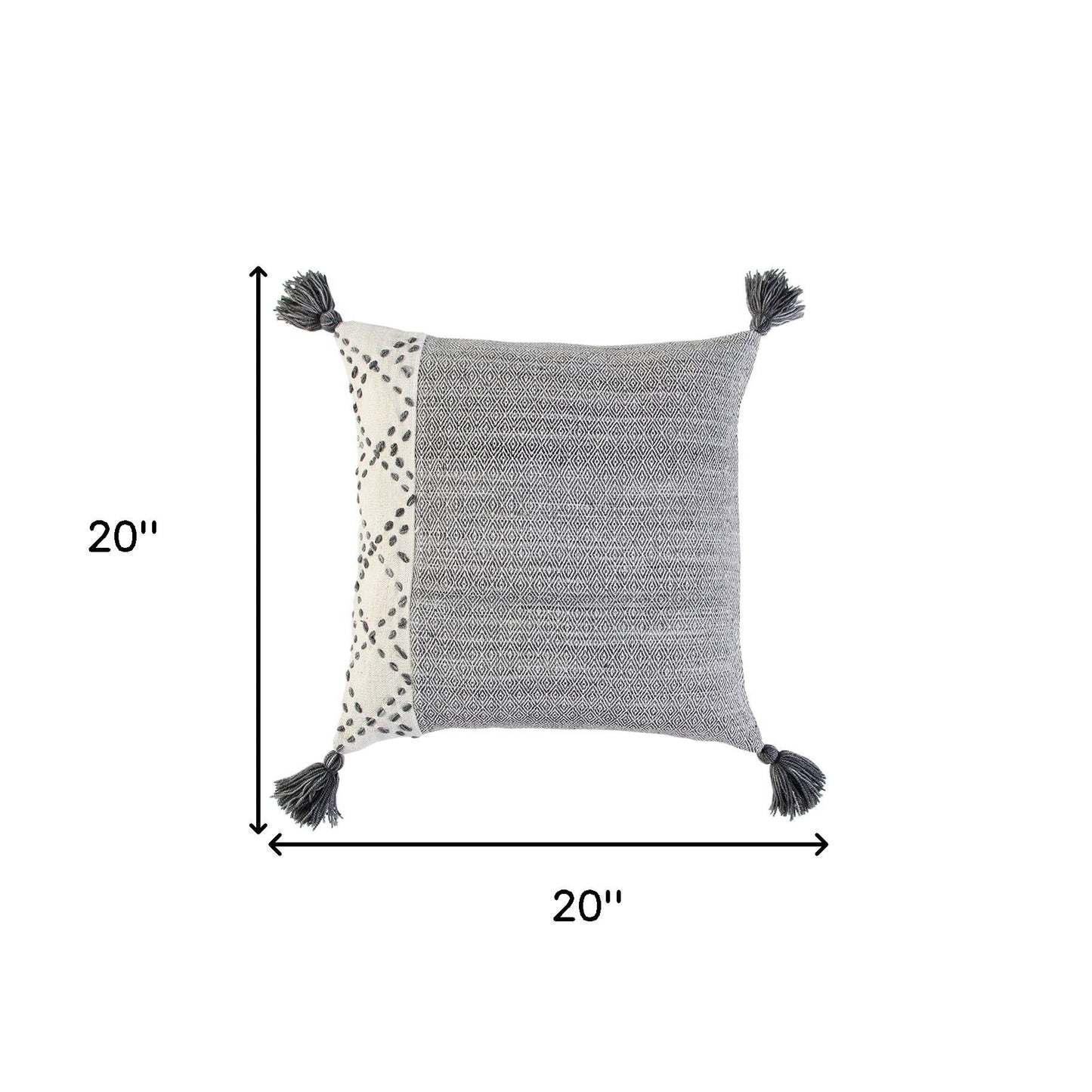 20" Gray and Ivory Herringbone Cotton Throw Pillow With Tassels FurniFindUSA