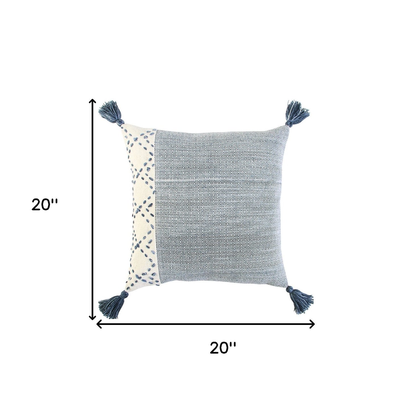 20" Blue and Ivory Herringbone Cotton Throw Pillow With Tassels FurniFindUSA