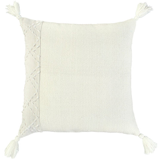 20" Ivory Herringbone Cotton Throw Pillow With Tassles FurniFindUSA