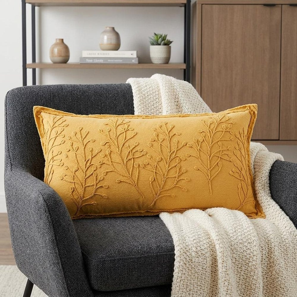 14" X 26" Yellow Botanical Throw Pillow With Embroidery HomeRoots
