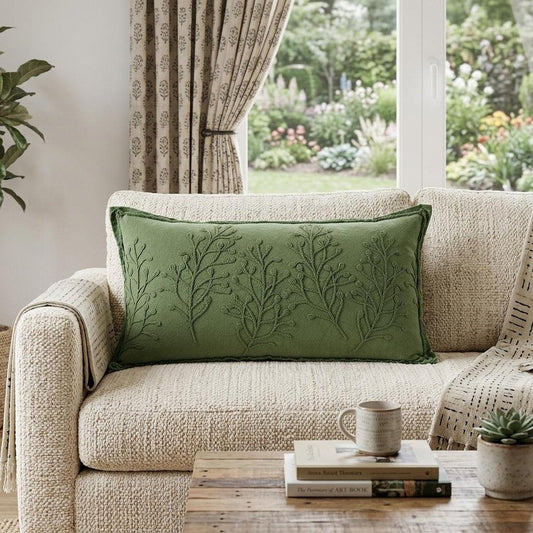 14" X 26" Green Tone on Tone Botanical Throw Pillow With Embroidery