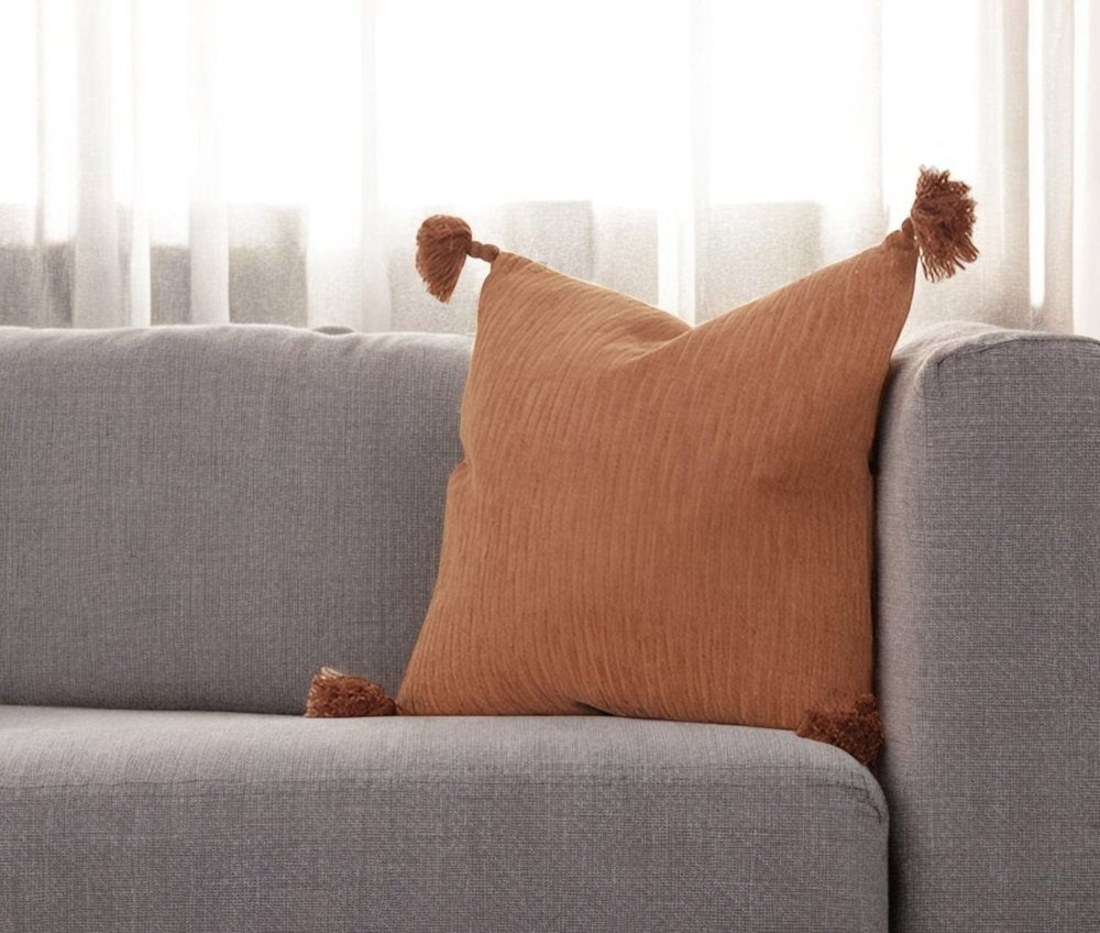 20" Terra Cotta Cotton Textural Stripe Throw Pillow with Tassels