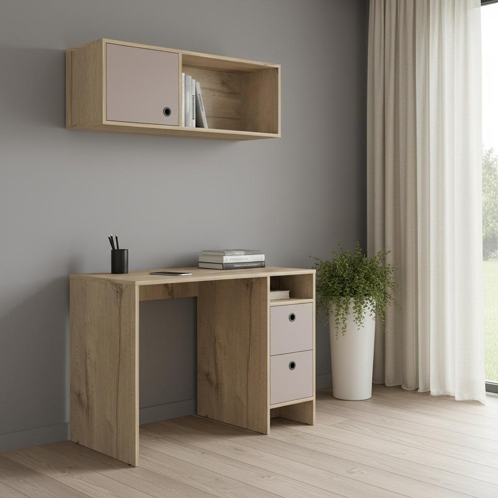 39" Taupe Computer Desk With Two Cabinets Two Drawers HomeRoots