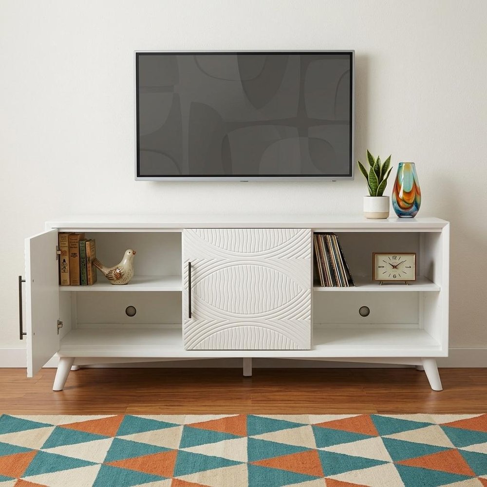 64" White Pine Solid Wood Open Shelving TV Stand HomeRoots