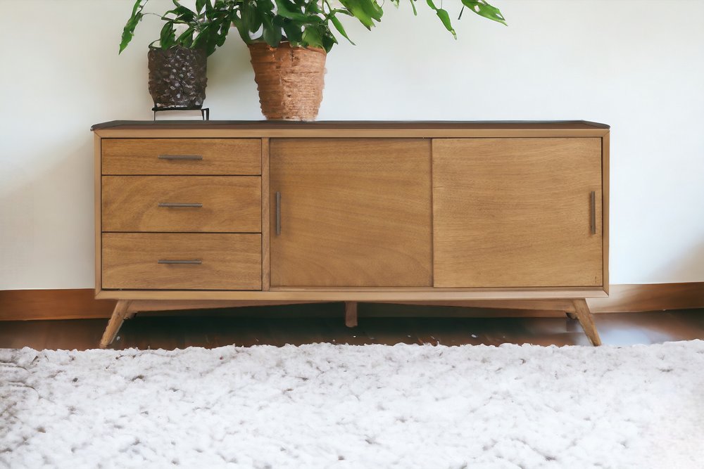 64" Brown TV Stand with Drawers and Sliding Door HomeRoots