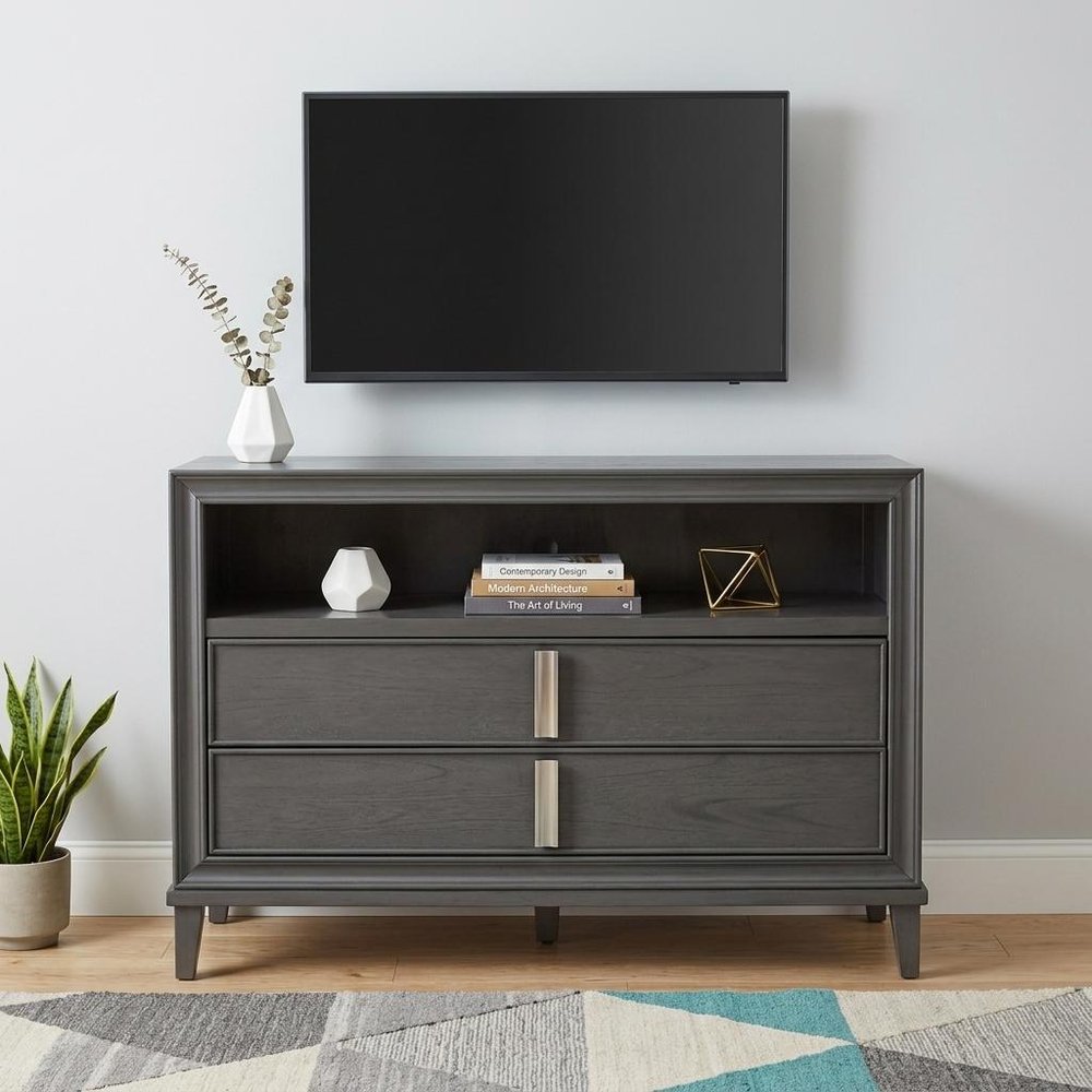 36" Gray Pine Poplar Solids With Mindy And Veneer Open Shelving TV Stand HomeRoots