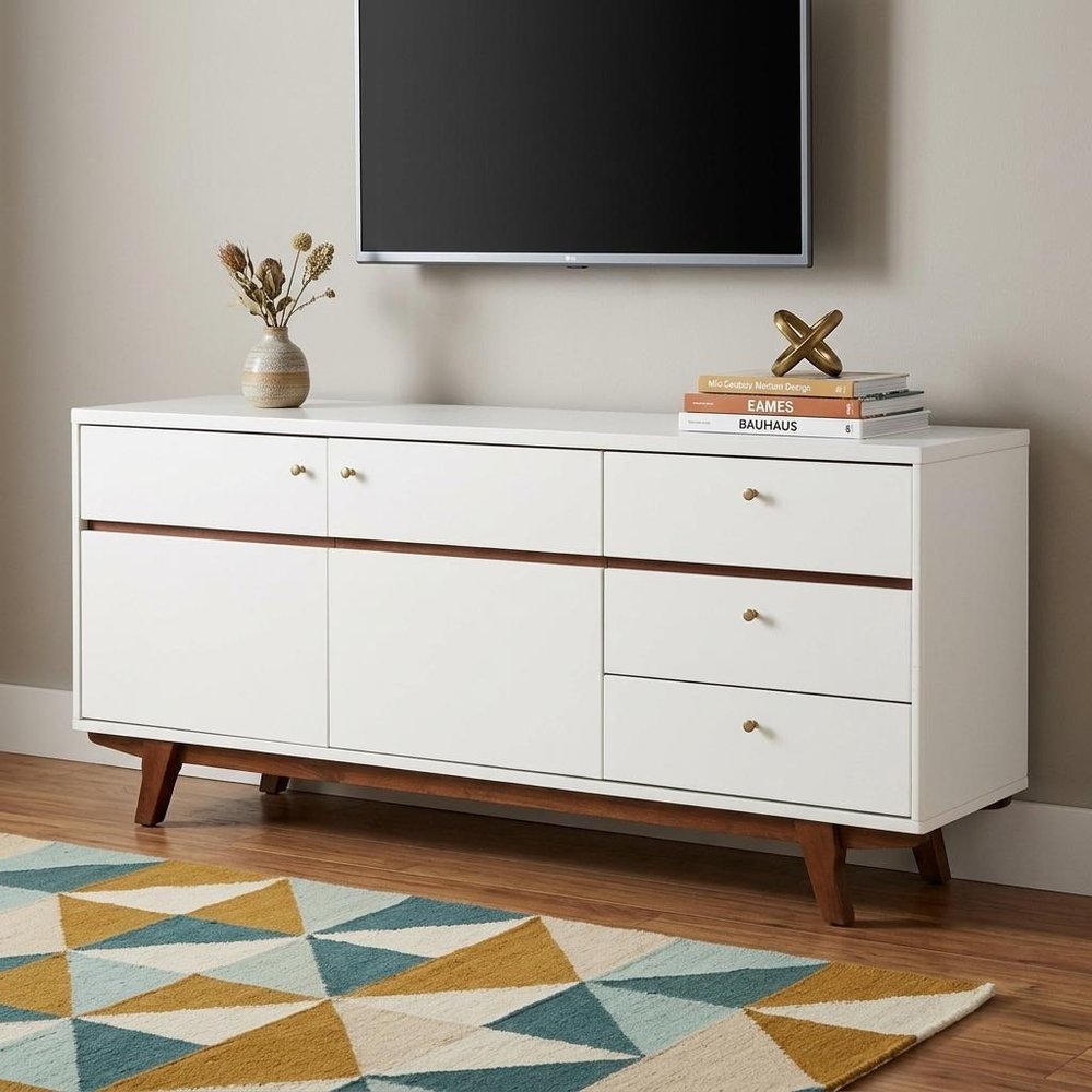 65" White Mahogany Solids And Veneer Cabinet Enclosed Storage TV Stand HomeRoots
